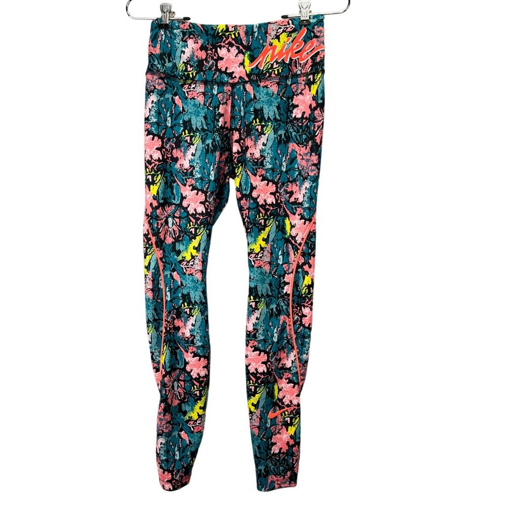 Nike Dri Fit Floral Leggings S Epic Fast Femme Teal Pink Athletic Drawstring